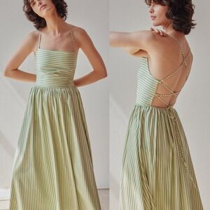 OhSevenDays Green Striped Beth Strappy A-Line Midi Dress Open Lace Up Back Small